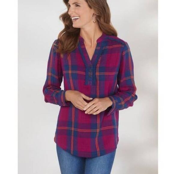 Soft Surroundings Ellesmere Double Flannel Long Sleeve Button Medium Crochet Top - Picture 2 of 14